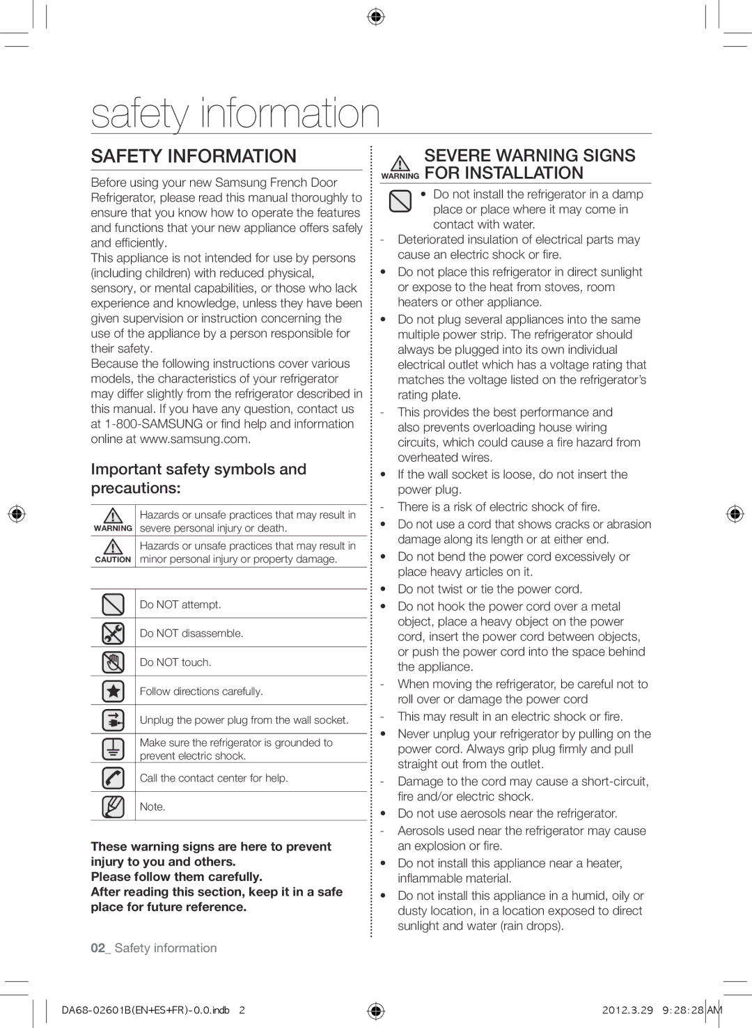 Samsung RF260BEAEWW, GI6FARXXQ Safety information, Safety Information, Severe Warning Signs Warning for Installation 