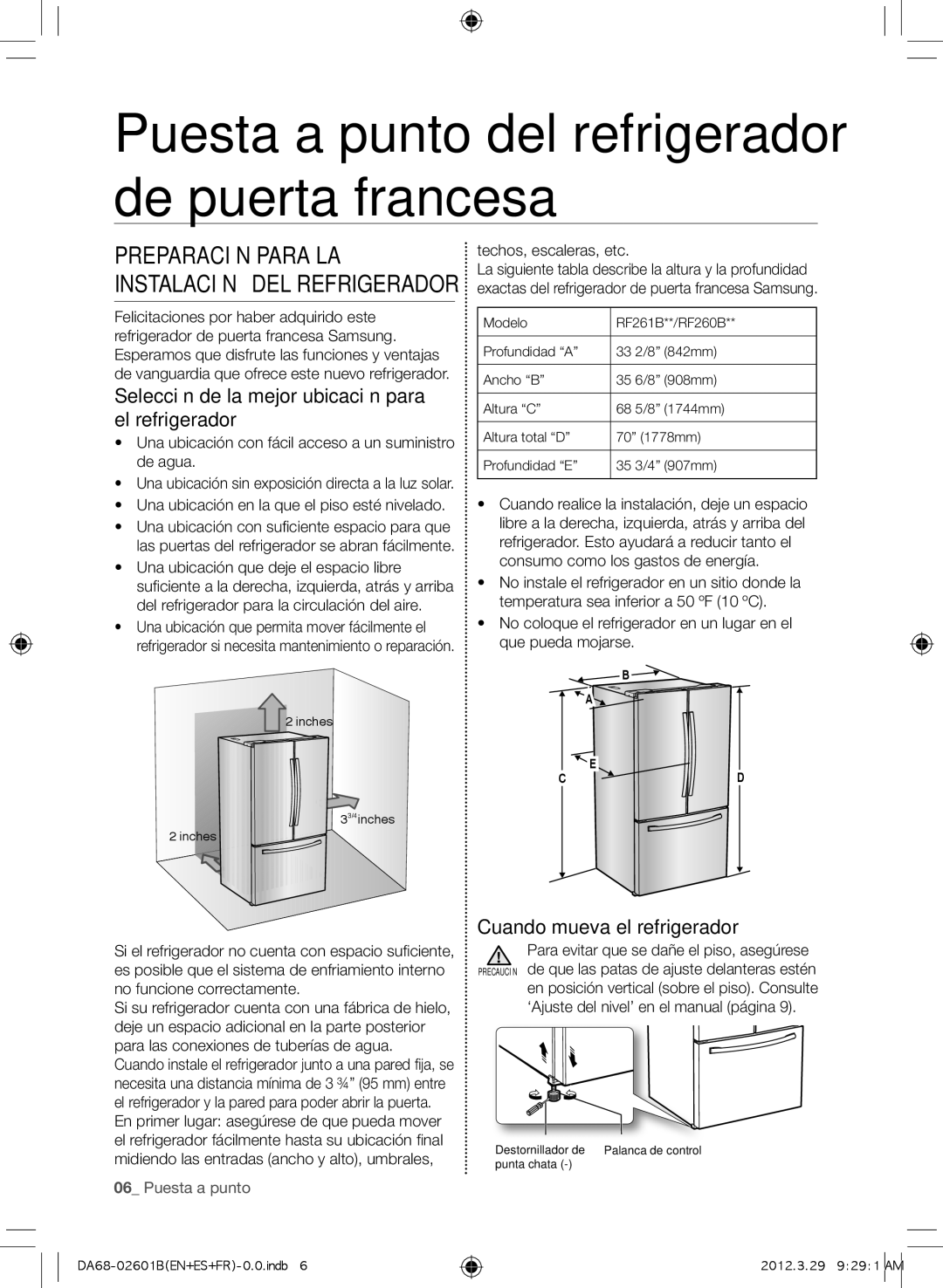 Samsung RF261BEAESP Preparación para la instalación del refrigerador, Selección de la mejor ubicación para el refrigerador 