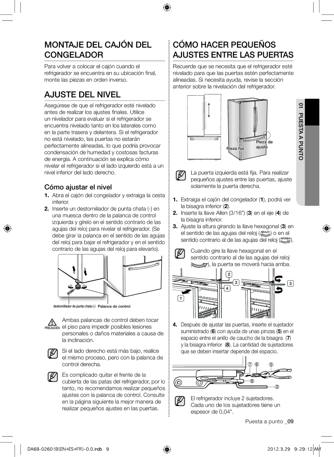 Samsung RF261BEAESR Montaje del cajón del congelador, Ajuste del nivel, Cómo hacer pequeños ajustes entre las puertas 