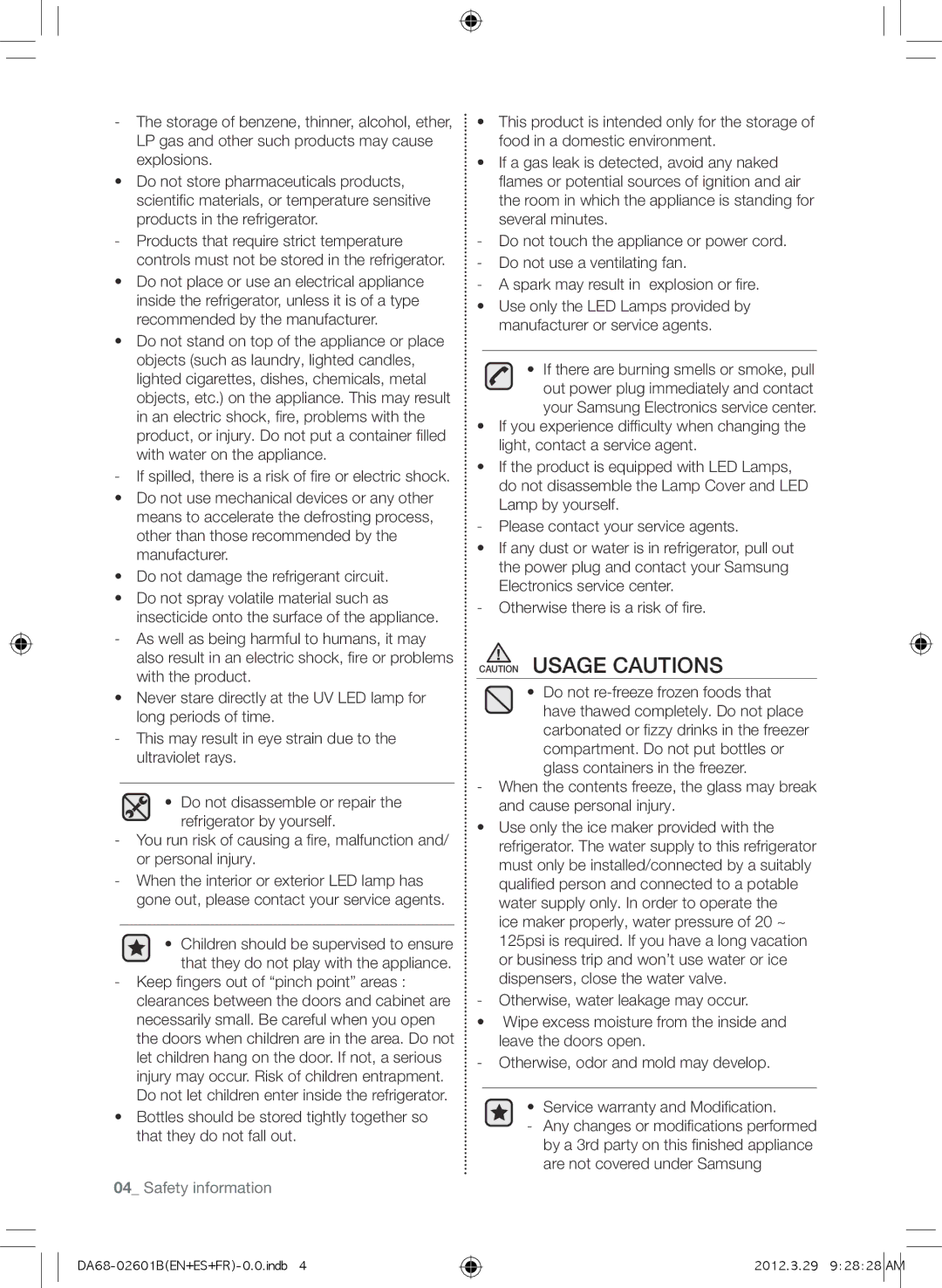 Samsung RF261BEAESP, GI6FARXXQ, GI6FARXXY, RF260BEAEWW, RF260BEAESP, RF261BEAEBC, RF260BEAEBC, RF261BEAESR Safety information 