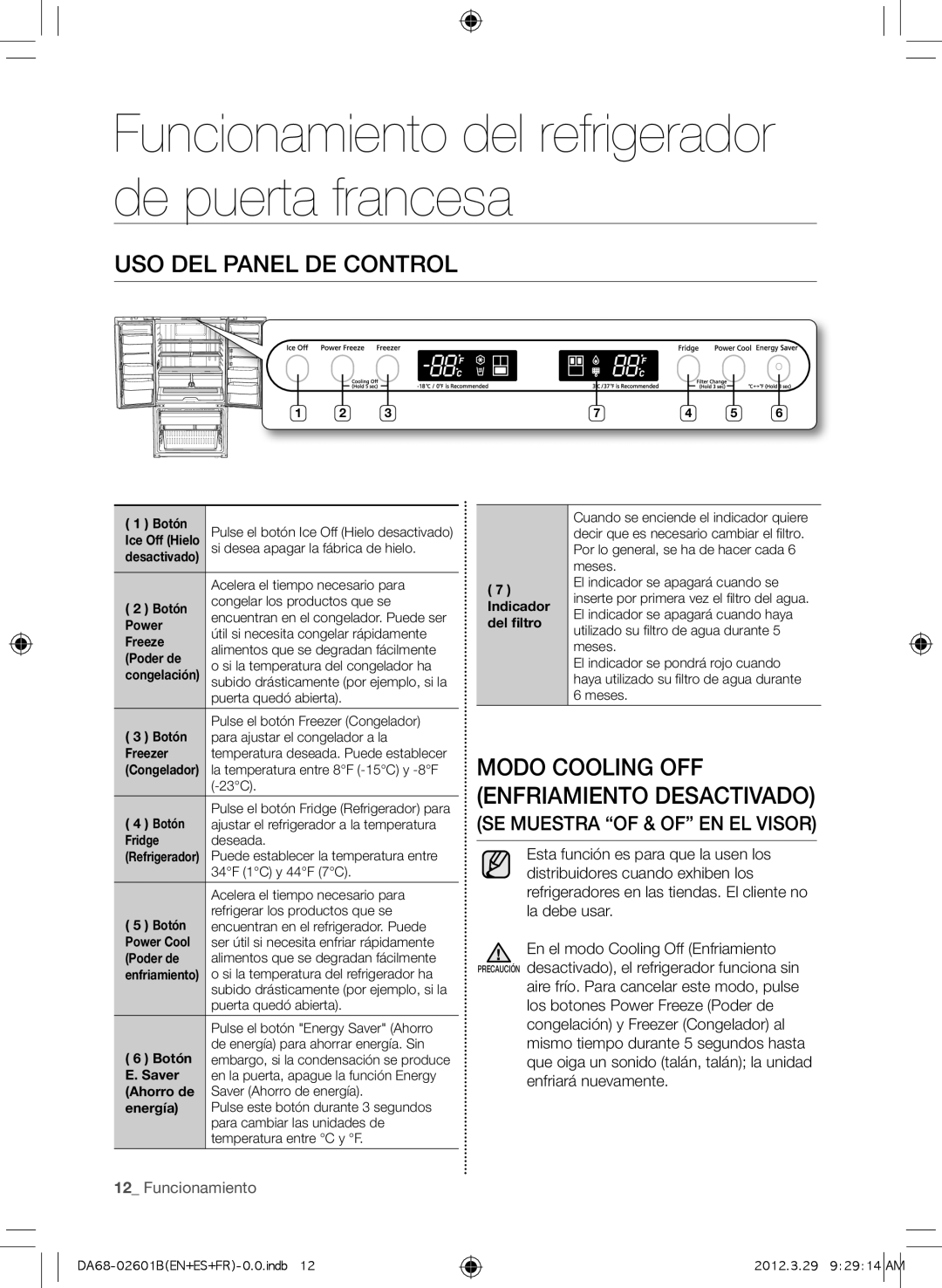 Samsung GI6FARXXQ Uso del panel de control, Modo Cooling Off Enfriamiento desactivado, Se muestra of & of en el visor 