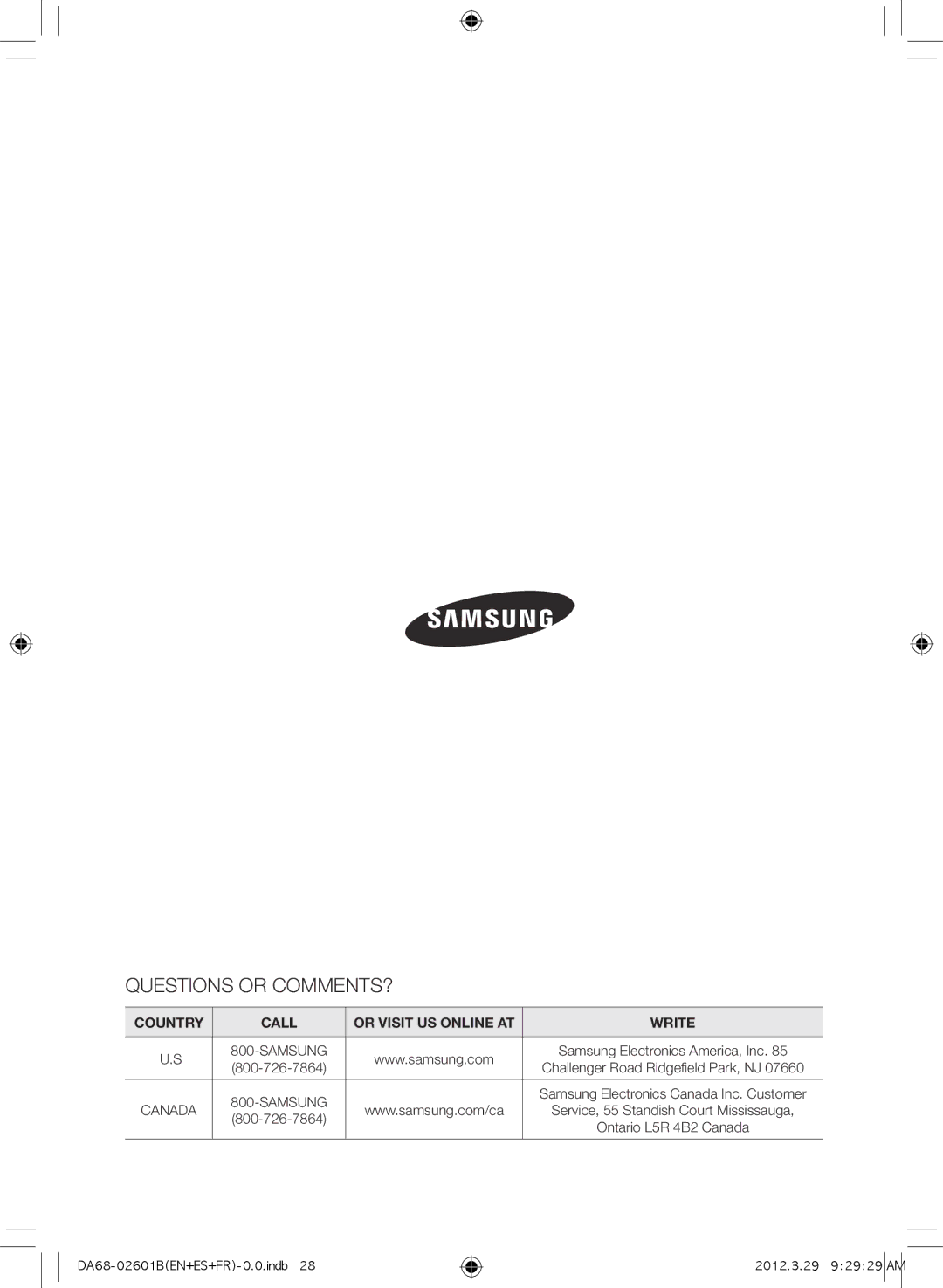 Samsung RF260BEAEBC, GI6FARXXQ, GI6FARXXY, RF260BEAEWW, RF260BEAESP, RF261BEAESP Samsung Electronics Canada Inc. Customer 