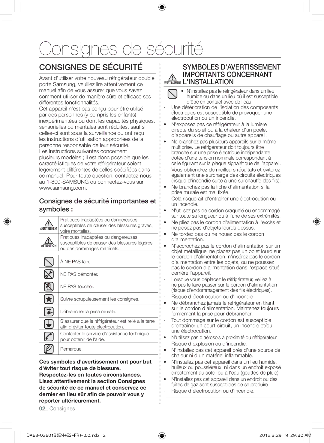 Samsung RF260BEAESR, GI6FARXXQ, GI6FARXXY Consignes DE Sécurité, Consignes de sécurité importantes et symboles 