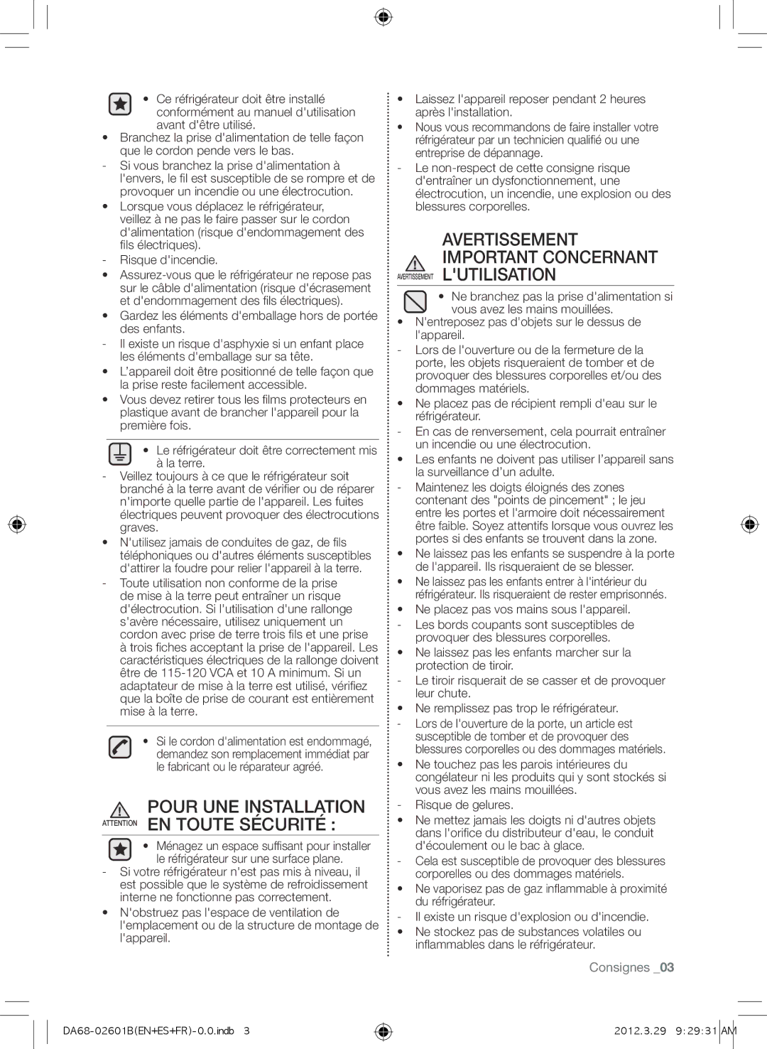 Samsung RF261BEAEWW, GI6FARXXQ Pour UNE Installation Attention EN Toute Sécurité, Avertissement Important Concernant 