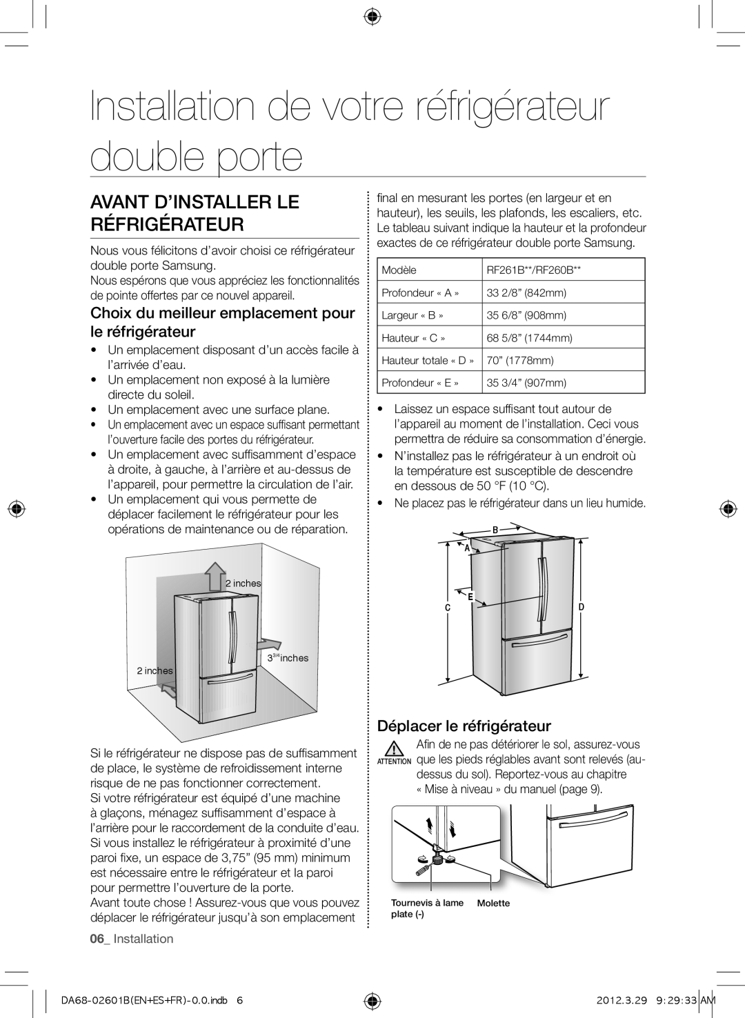 Samsung RF260BEAEWW, GI6FARXXQ Installation de votre réfrigérateur double porte, Avant d’installer le réfrigérateur 