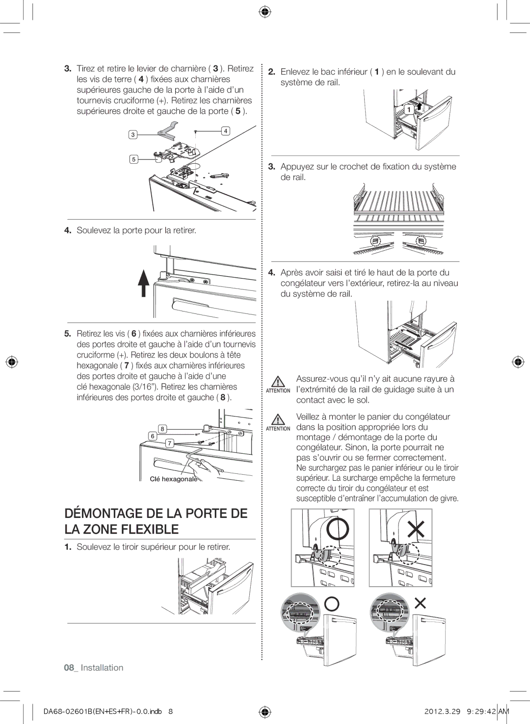 Samsung RF261BEAESP Démontage DE LA Porte DE LA Zone Flexible, Soulevez la porte pour la retirer, Contact avec le sol 