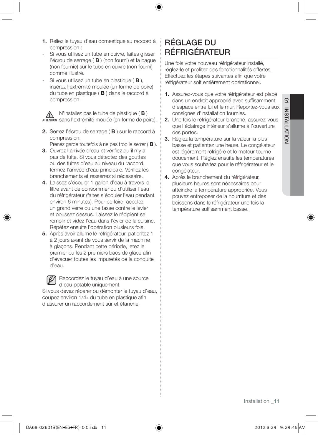 Samsung RF261BEAESR, GI6FARXXQ Réglage DU Réfrigérateur, Serrez l’écrou de serrage B sur le raccord à compression 