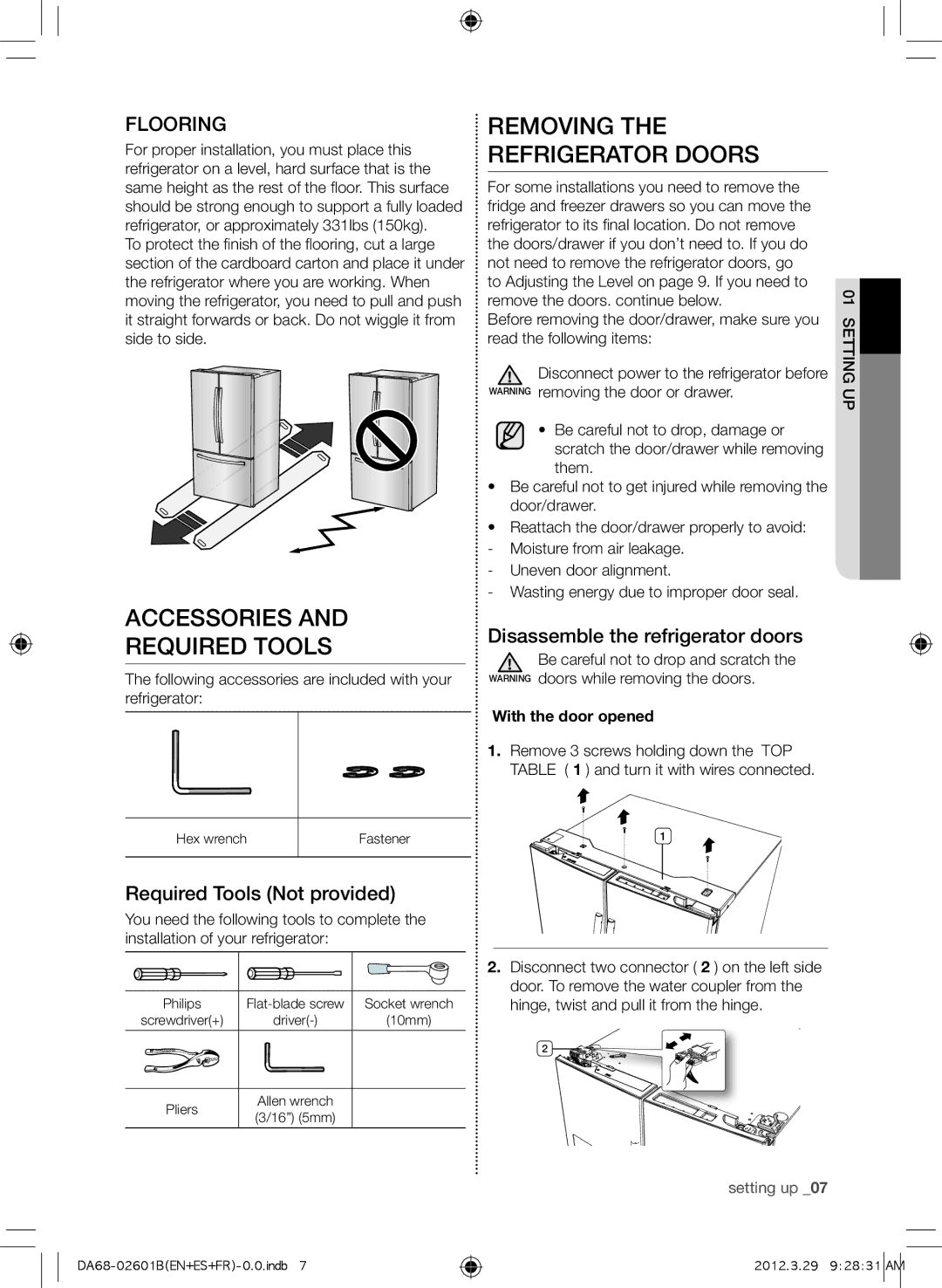 Samsung RF261BEAESR Accessories and required tools, Removing the refrigerator doors, Flooring, Required Tools Not provided 