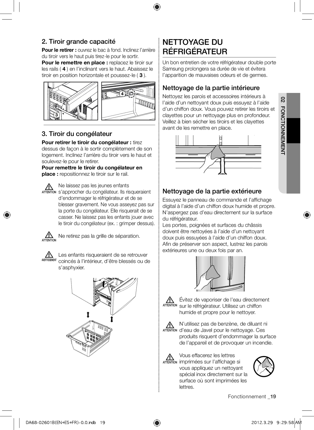 Samsung RF261BEAEBC, GI6FARXXQ Nettoyage DU Réfrigérateur, Tiroir grande capacité, Nettoyage de la partie intérieure 