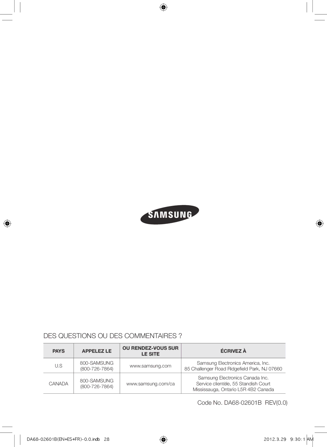 Samsung RF261BEAESP, GI6FARXXQ, GI6FARXXY, RF260BEAEWW DES Questions OU DES Commentaires ?, Code No. DA68-02601B REV0.0 