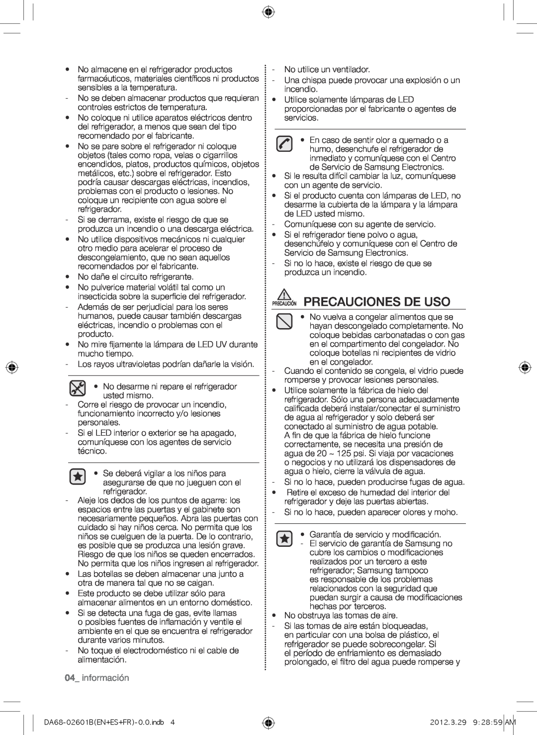 Samsung RF260BEAEWW, GI6FARXXQ, GI6FARXXY, RF260BEAESP, RF261BEAESP user manual Precaución Precauciones De Uso, 04_ información 