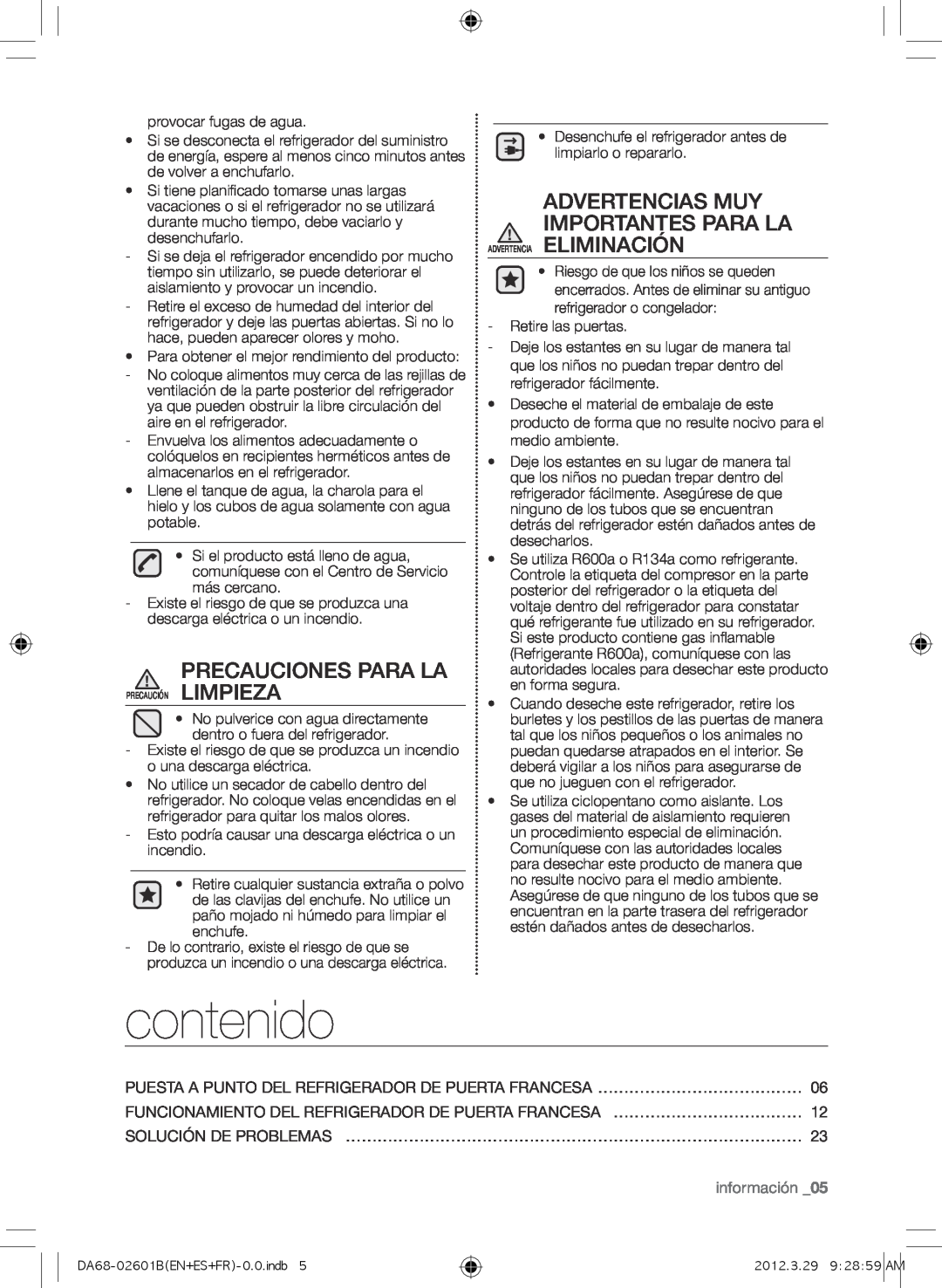 Samsung RF260BEAESP, GI6FARXXQ contenido, Precauciones Para La, Advertencias Muy Importantes Para La, información _05 