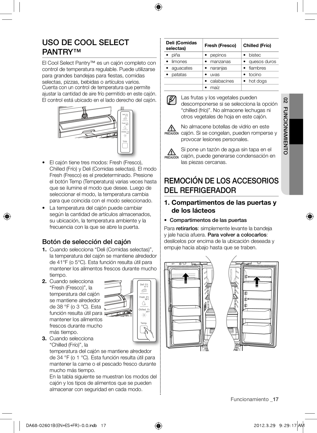 Samsung RF261BEAEBC Uso de Cool Select Pantry, Remoción de los accesorios del refrigerador, Botón de selección del cajón 