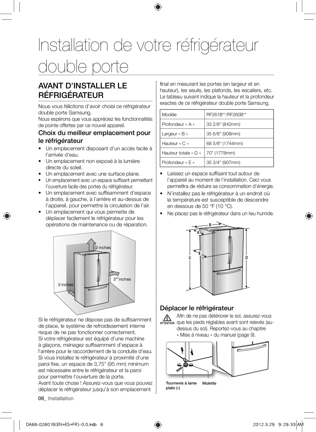 Samsung RF260BEAEWW Installation de votre réfrigérateur double porte, Avant d’installer le réfrigérateur, 06_ Installation 