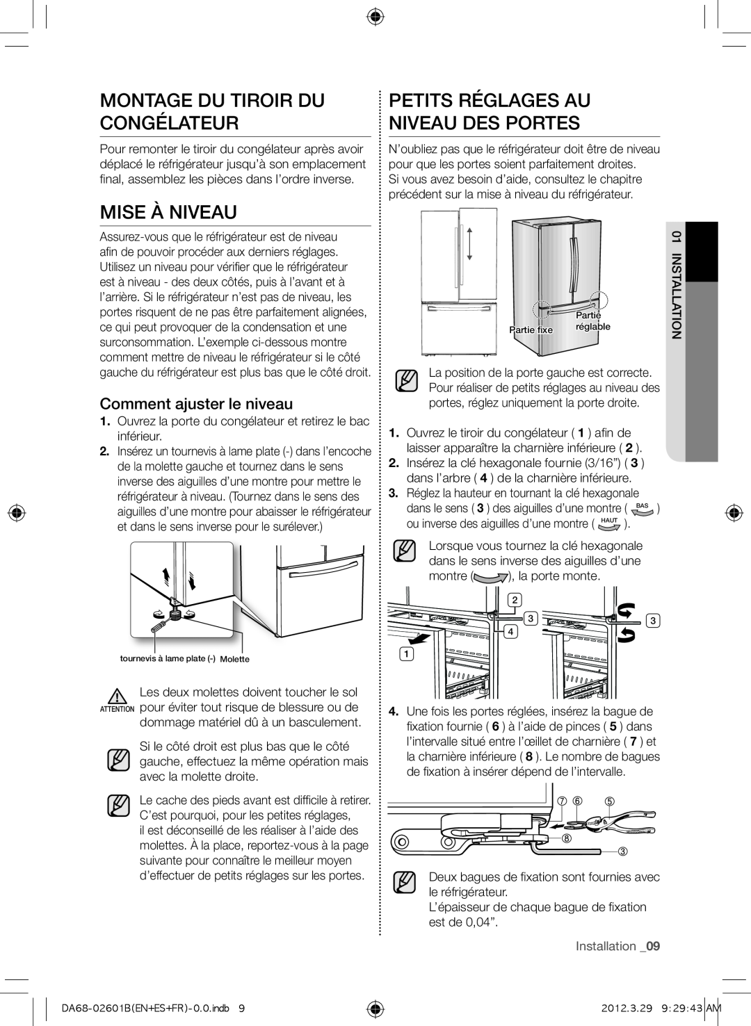 Samsung RF261BEAEBC, GI6FARXXQ Montage du tiroir du congélateur, Mise à niveau, Petits réglages au niveau des portes 