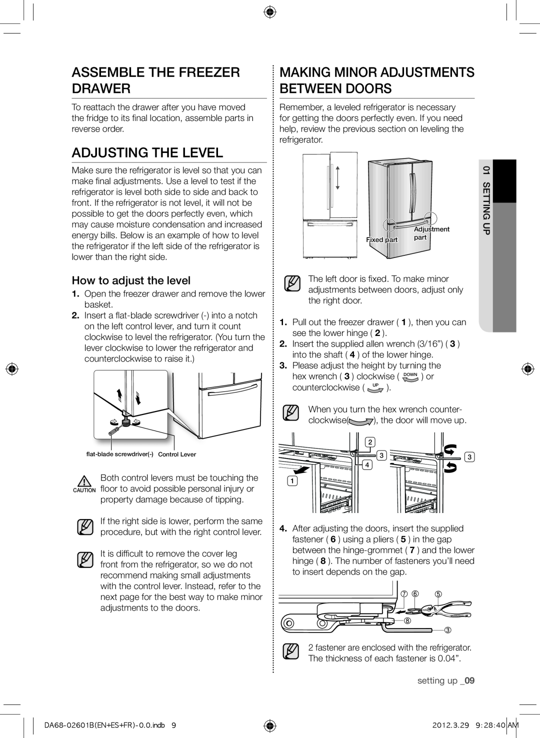 Samsung RF261BEAEWW, GI6FARXXQ Assemble the freezer drawer, Adjusting the Level, Making minor adjustments between doors 