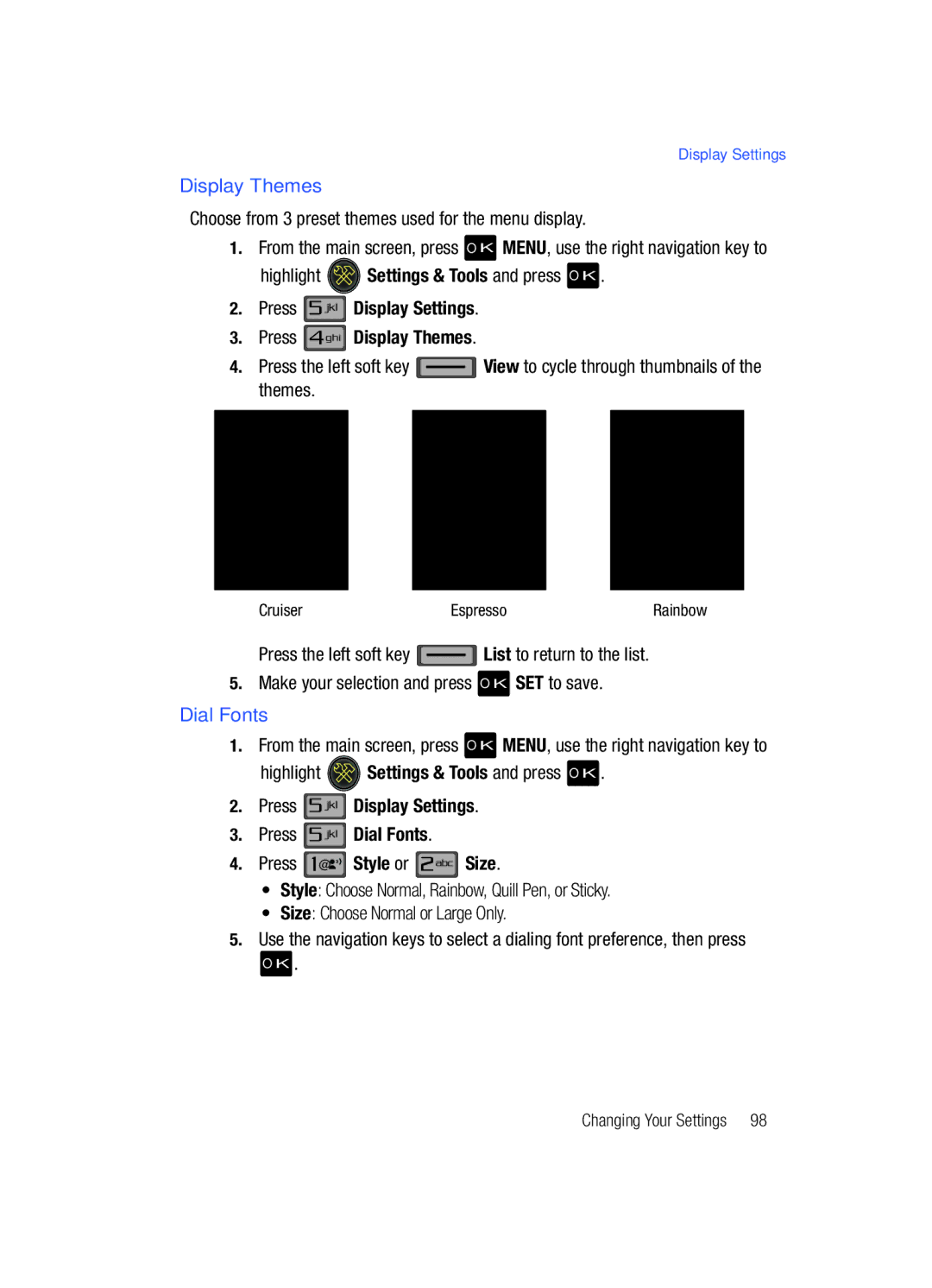 Samsung Gleam Press Display Settings Press Display Themes, Press Display Settings Press Dial Fonts, Style or 