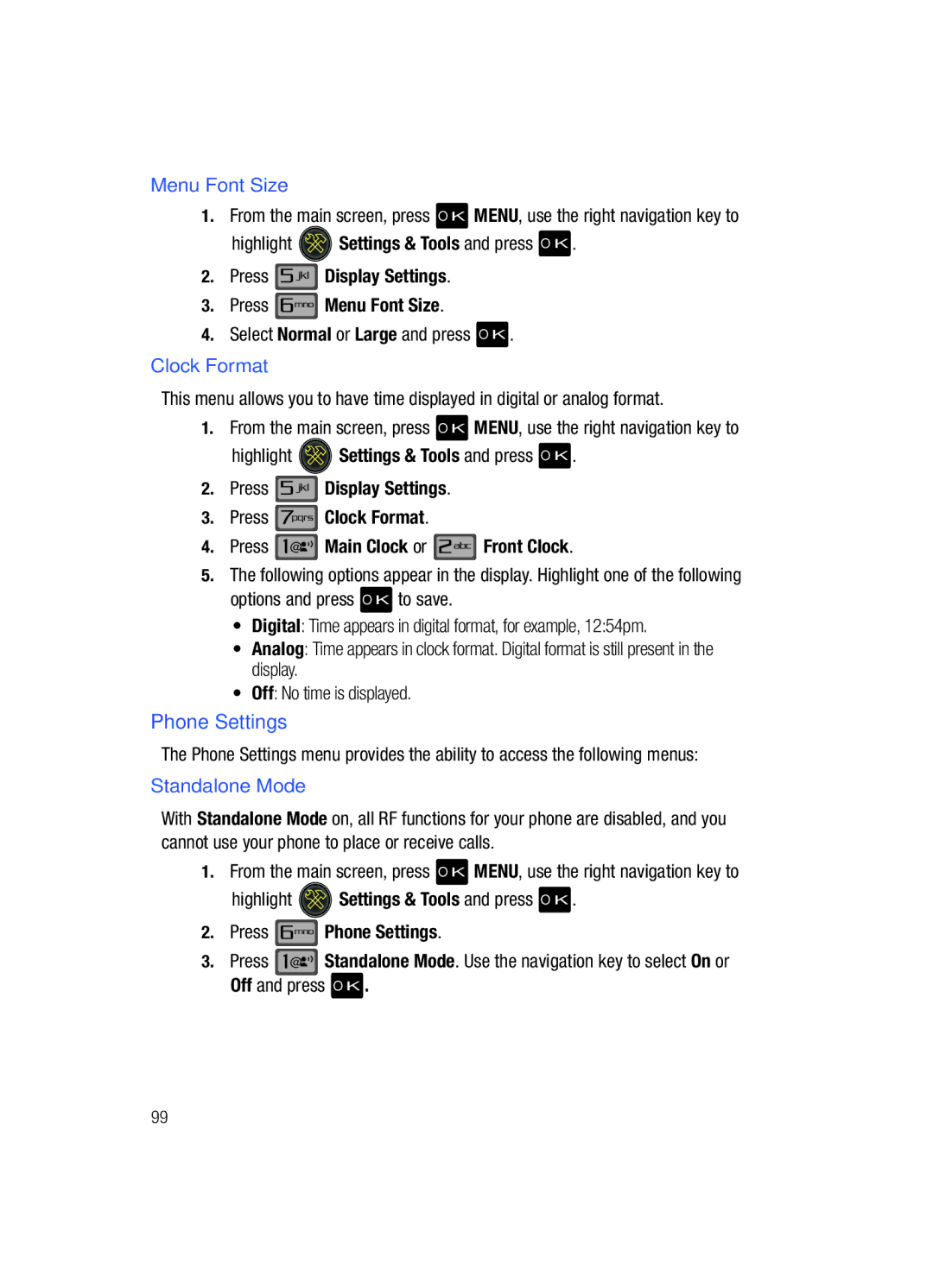 Samsung Gleam user manual Phone Settings, Menu Font Size, Clock Format, Standalone Mode 