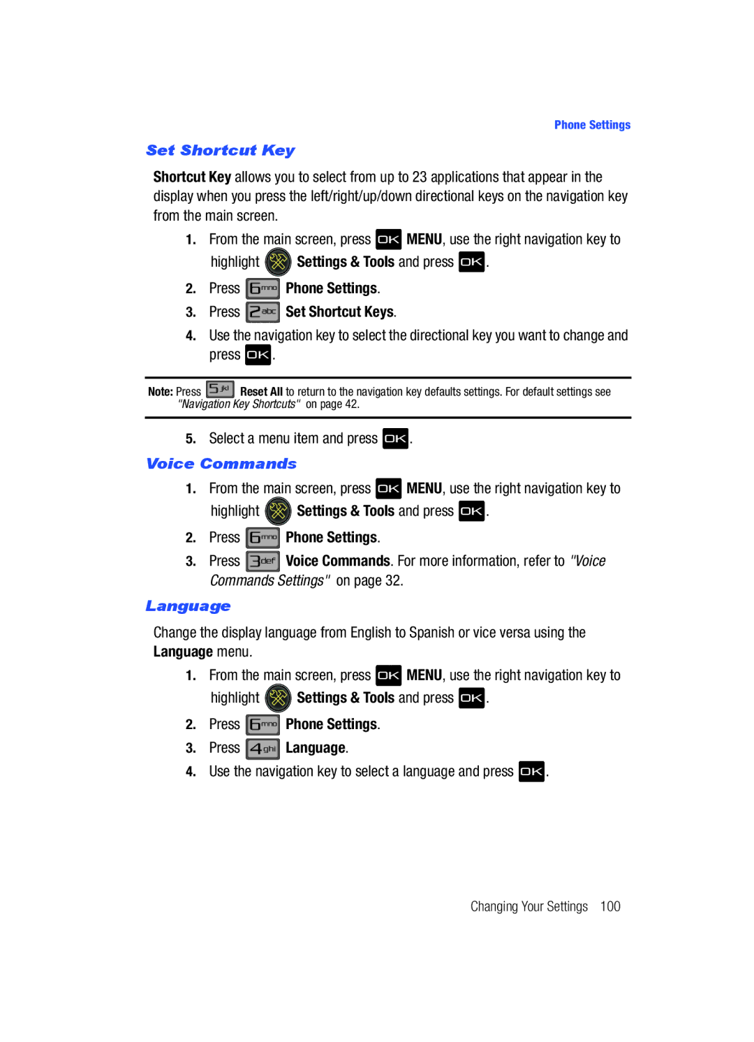 Samsung Gleam user manual Press Phone Settings Press Set Shortcut Keys, Press Phone Settings Press Language 