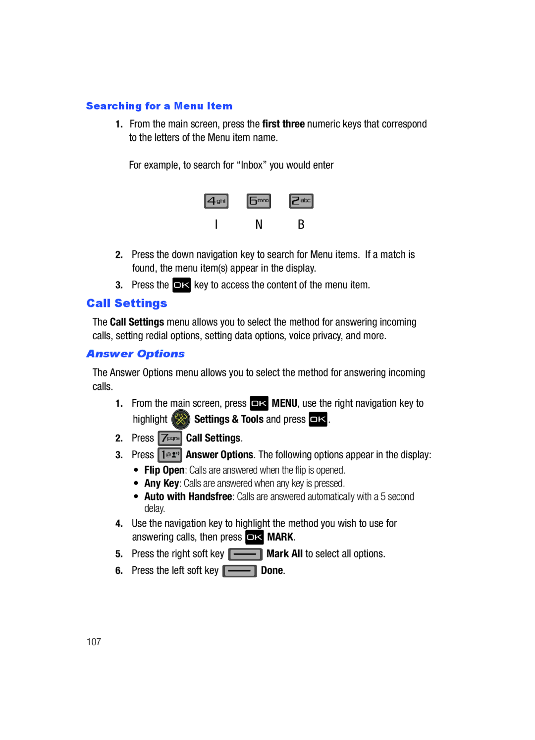 Samsung Gleam user manual Call Settings, Press the OK key to access the content of the menu item, Answer Options 