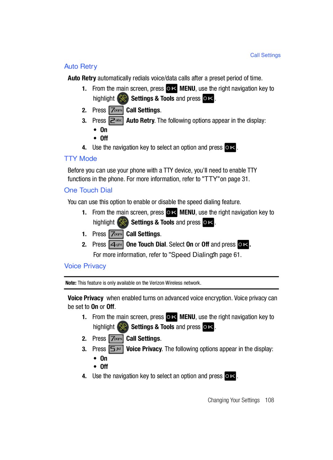 Samsung Gleam user manual Auto Retry, Off, TTY Mode, One Touch Dial, Voice Privacy 