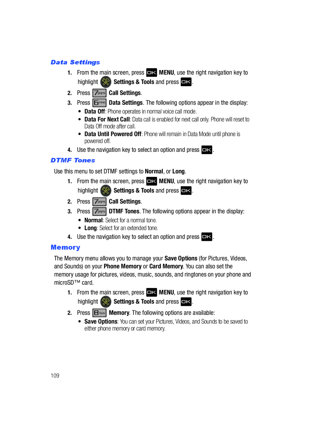 Samsung Gleam user manual Memory, Data Settings, Dtmf Tones 