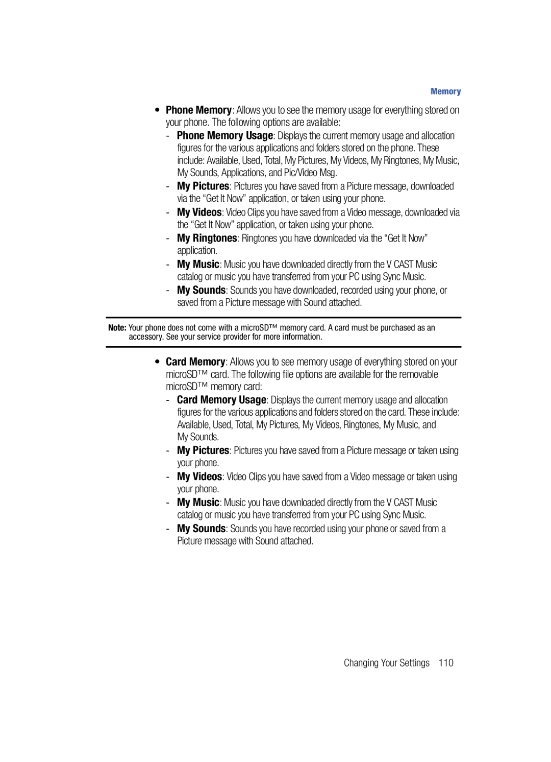 Samsung Gleam user manual Memory 