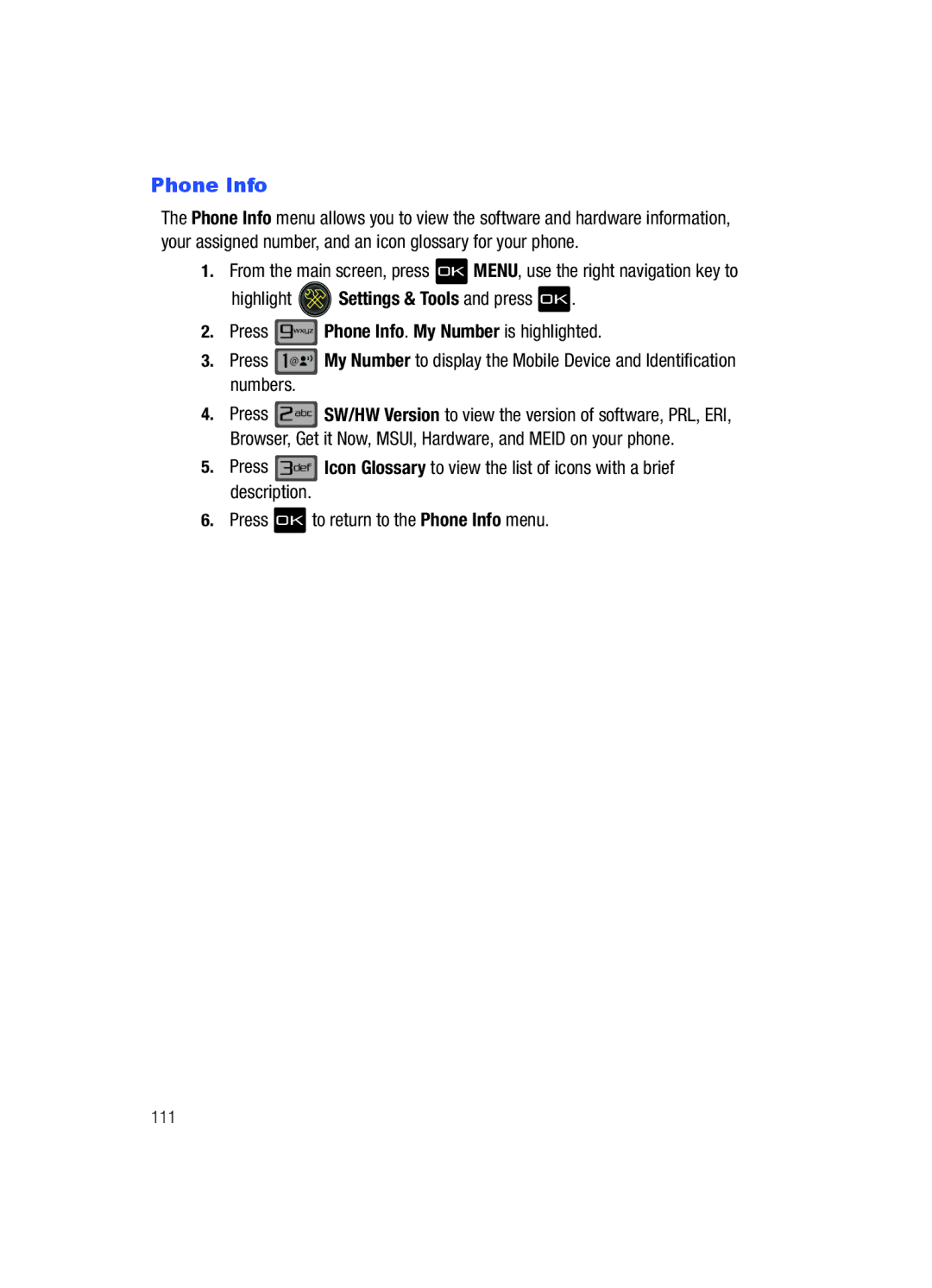 Samsung Gleam user manual Phone Info 