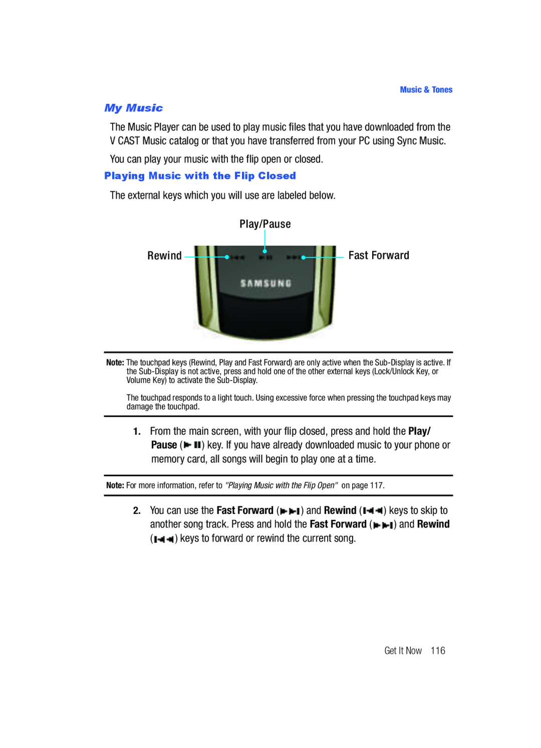 Samsung Gleam user manual My Music, You can play your music with the flip open or closed 