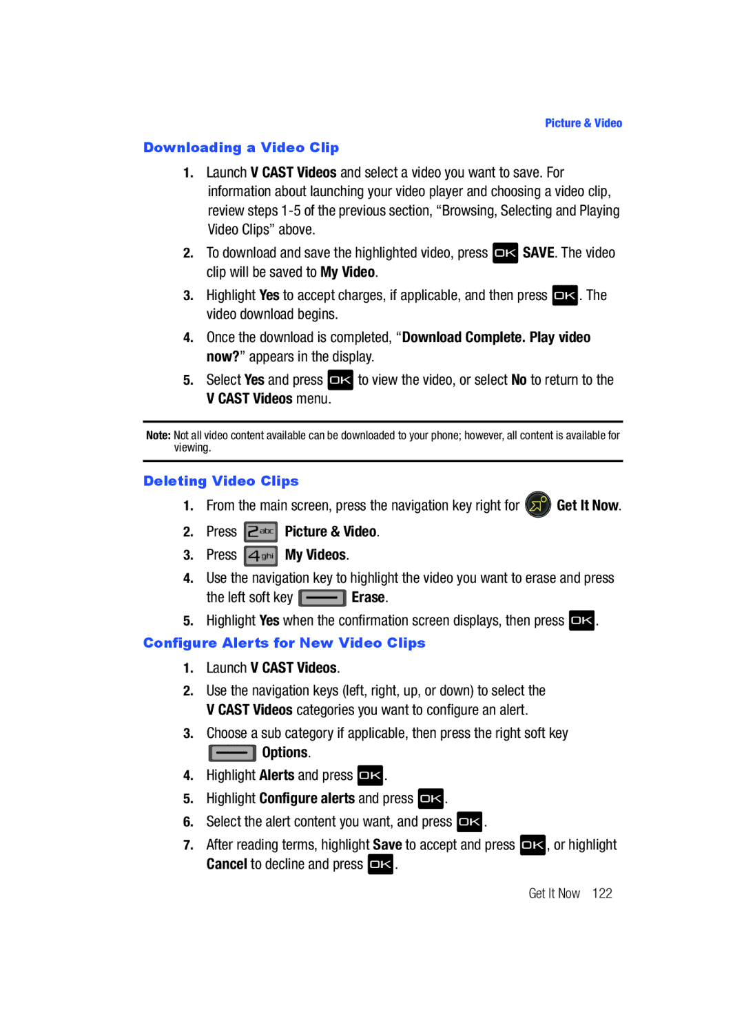 Samsung Gleam user manual Press Picture & Video Press My Videos, Launch V Cast Videos, Options 