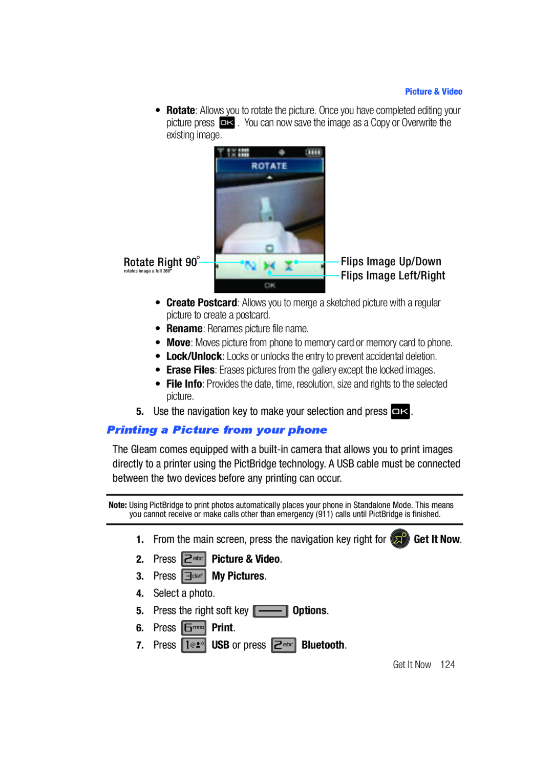 Samsung Gleam user manual Printing a Picture from your phone 