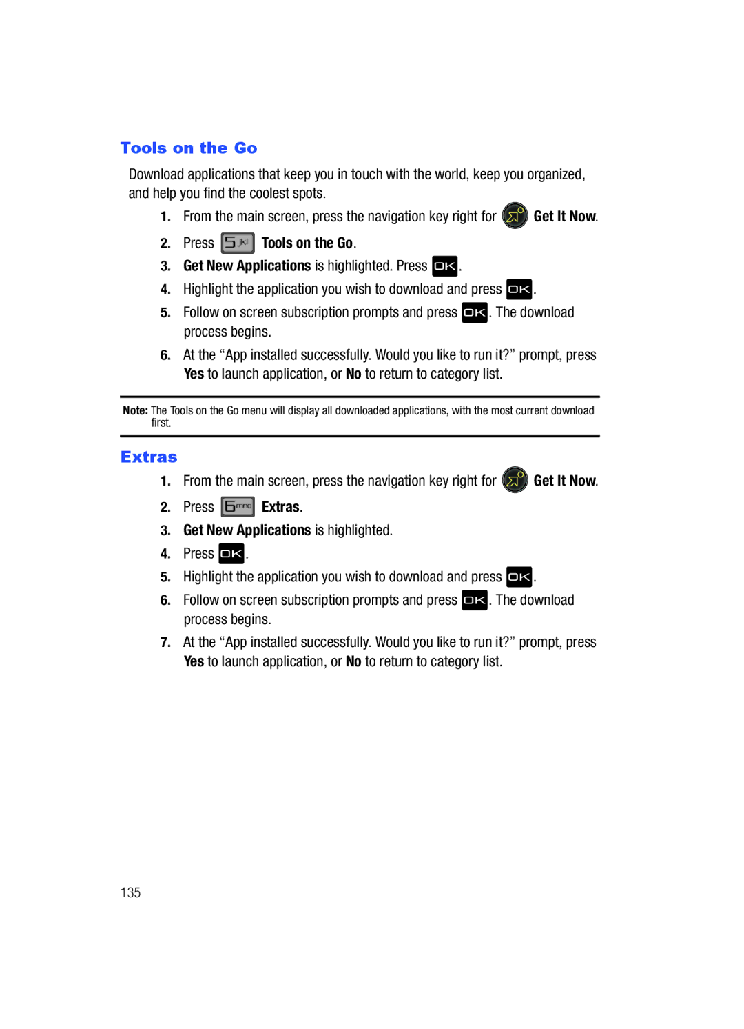 Samsung Gleam user manual Extras, Press Tools on the Go, Get New Applications is highlighted 