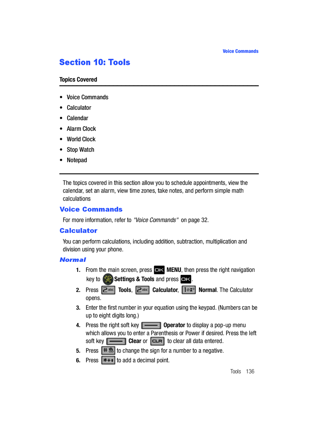 Samsung Gleam user manual For more information, refer to Voice Commands on, Normal, Tools Calculator , @ 