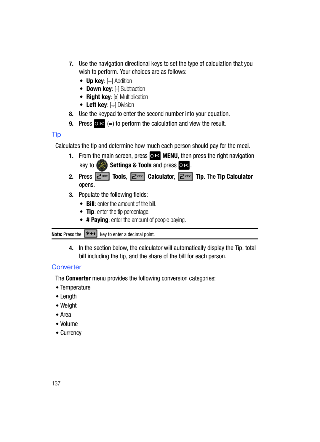 Samsung Gleam user manual Press Tools, Calculator, Tip. The Tip Calculator opens, Converter 