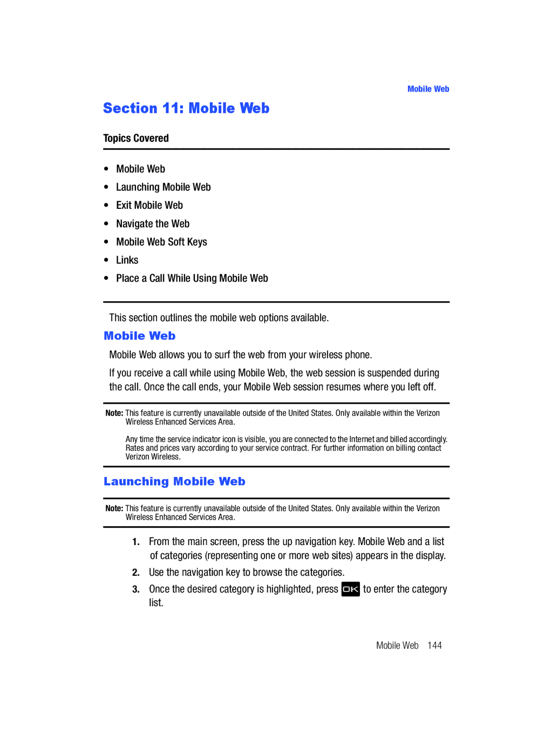 Samsung Gleam user manual Launching Mobile Web 