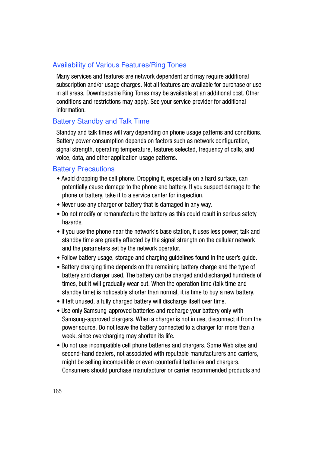 Samsung Gleam user manual Availability of Various Features/Ring Tones, Battery Standby and Talk Time, Battery Precautions 