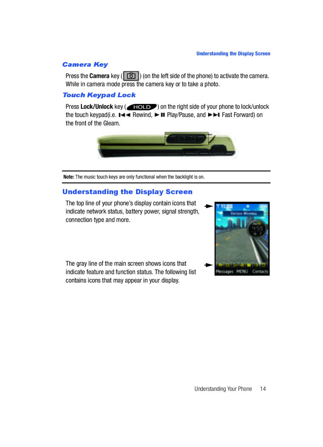 Samsung Gleam user manual Understanding the Display Screen, Camera Key, Touch Keypad Lock 