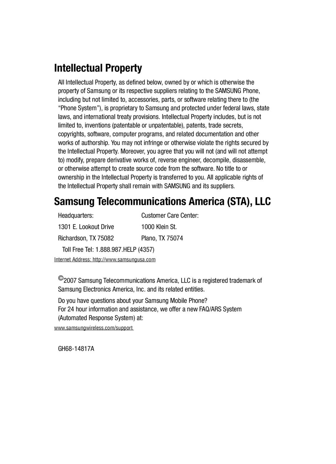 Samsung Gleam user manual Intellectual Property, Headquarters 