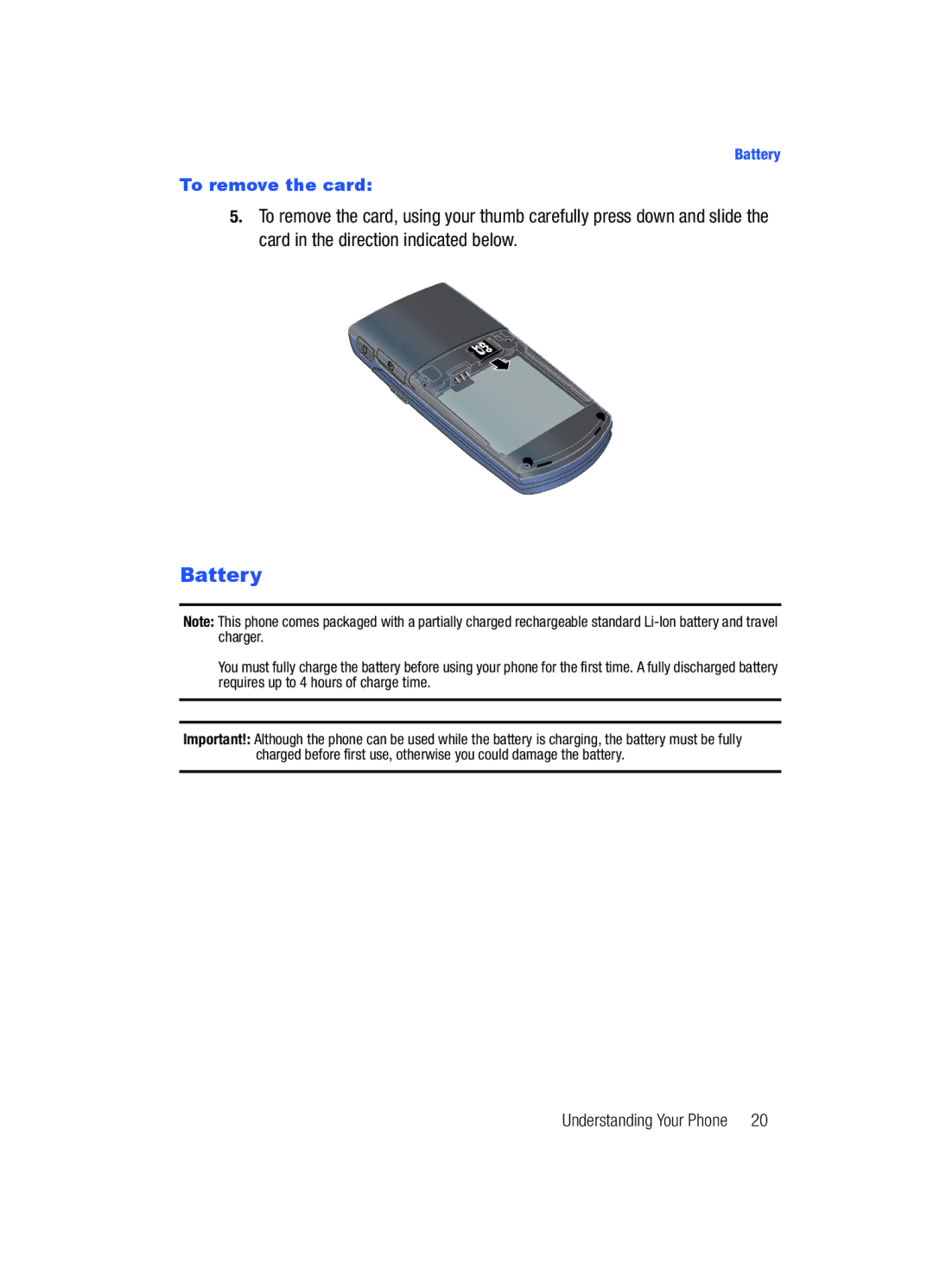 Samsung Gleam user manual Battery 