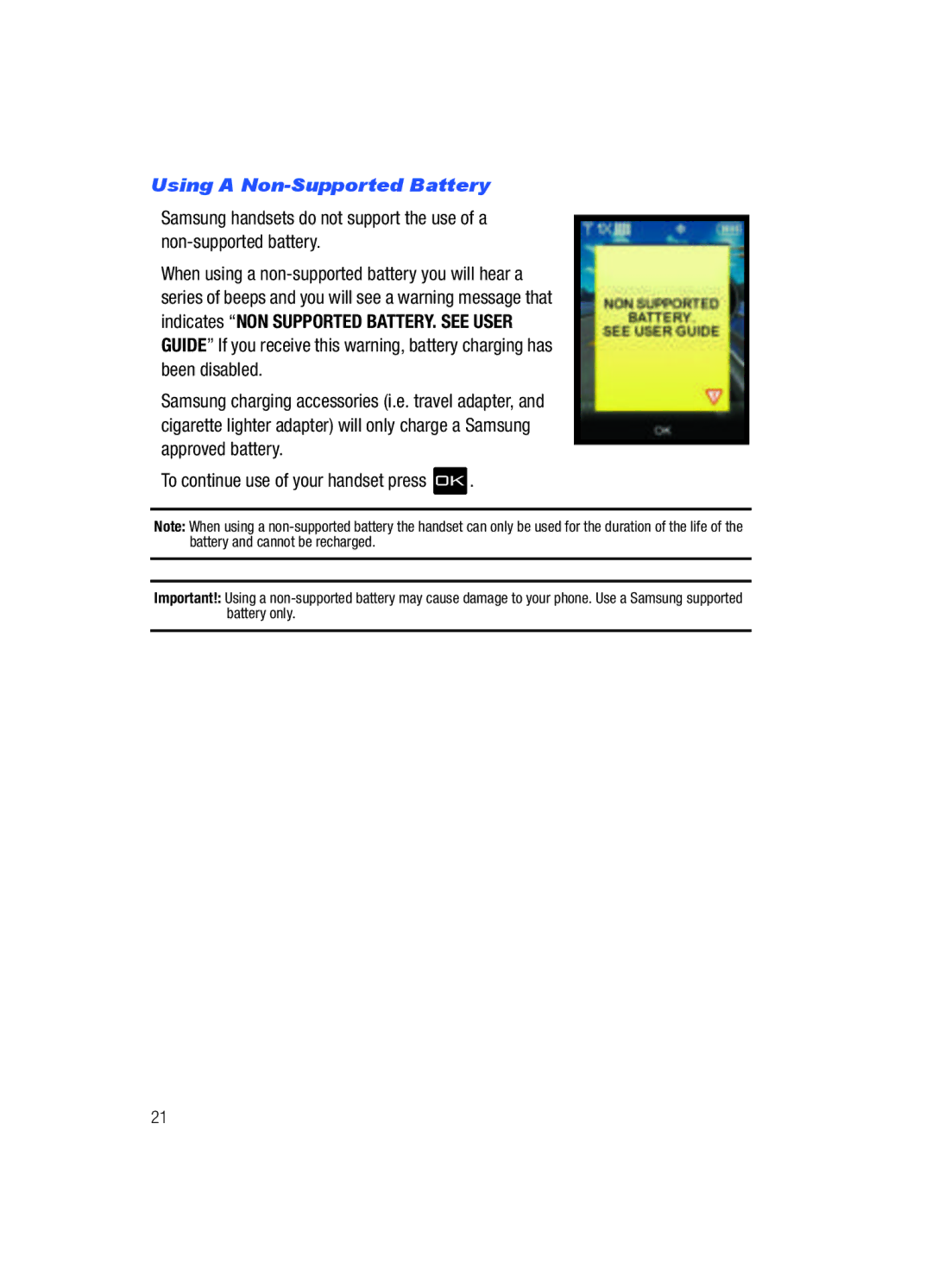 Samsung Gleam user manual Using a Non-Supported Battery 