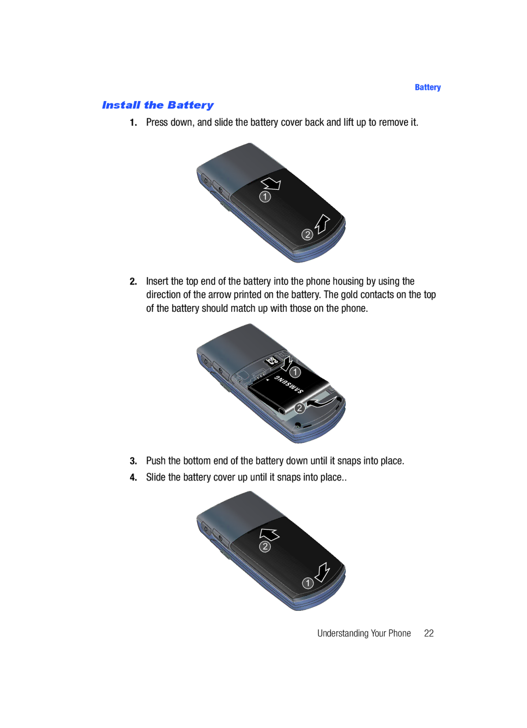 Samsung Gleam user manual Install the Battery 