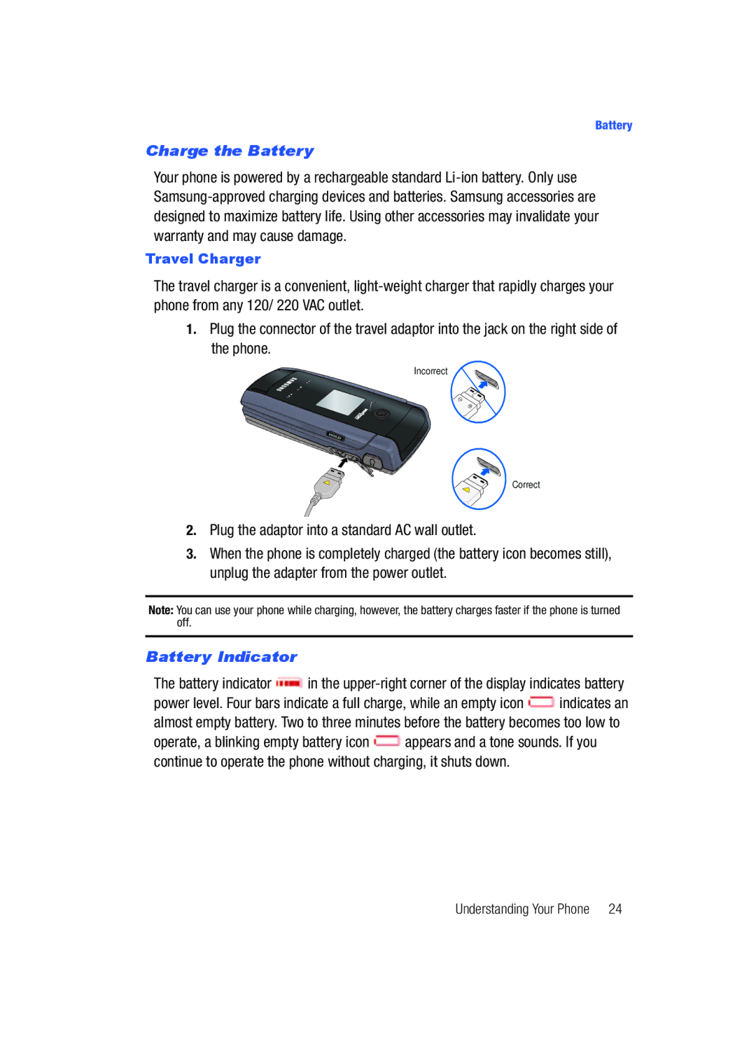 Samsung Gleam user manual Charge the Battery, Battery Indicator 