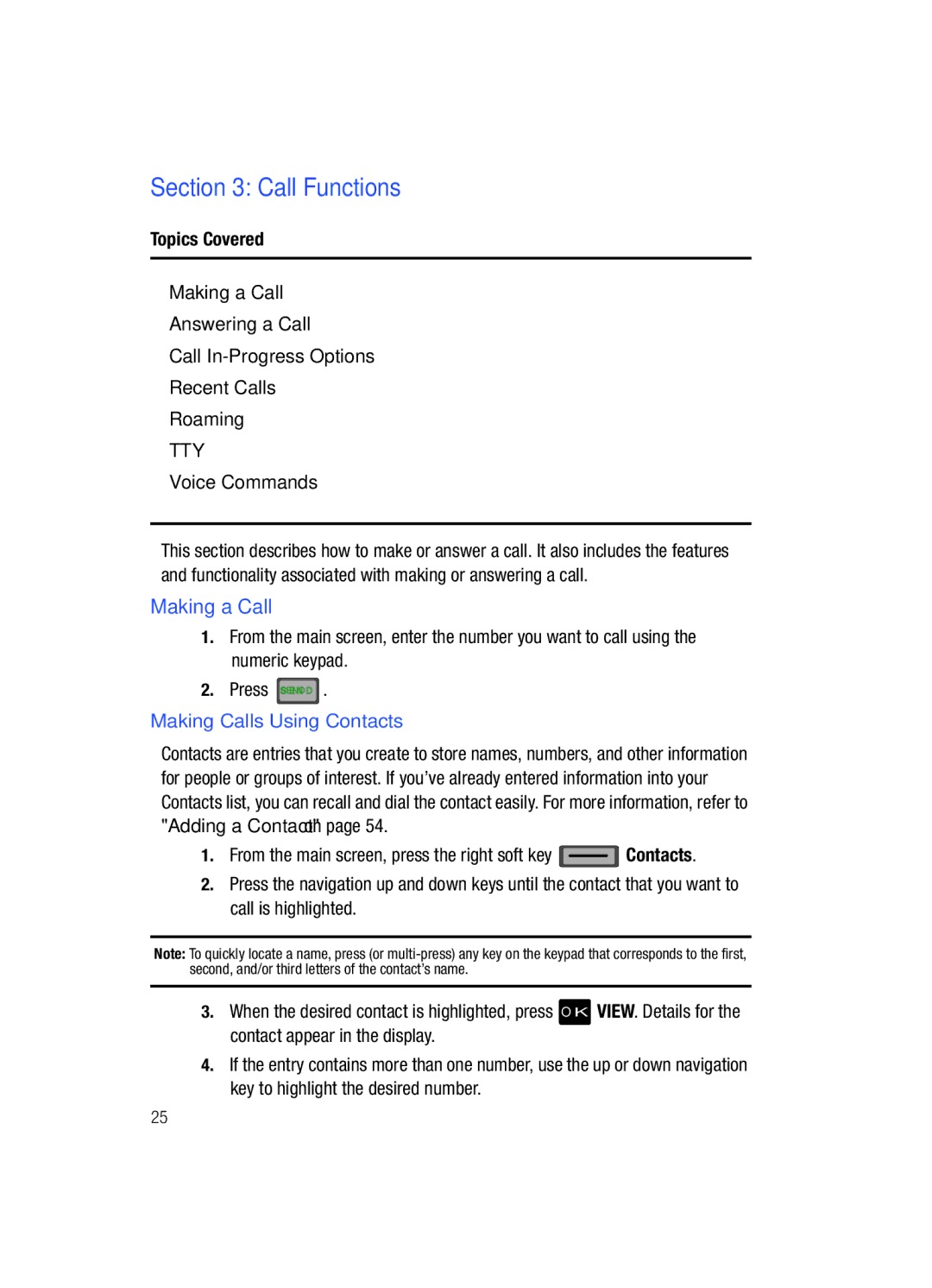 Samsung Gleam user manual Call Functions, Making a Call, Voice Commands, Making Calls Using Contacts 