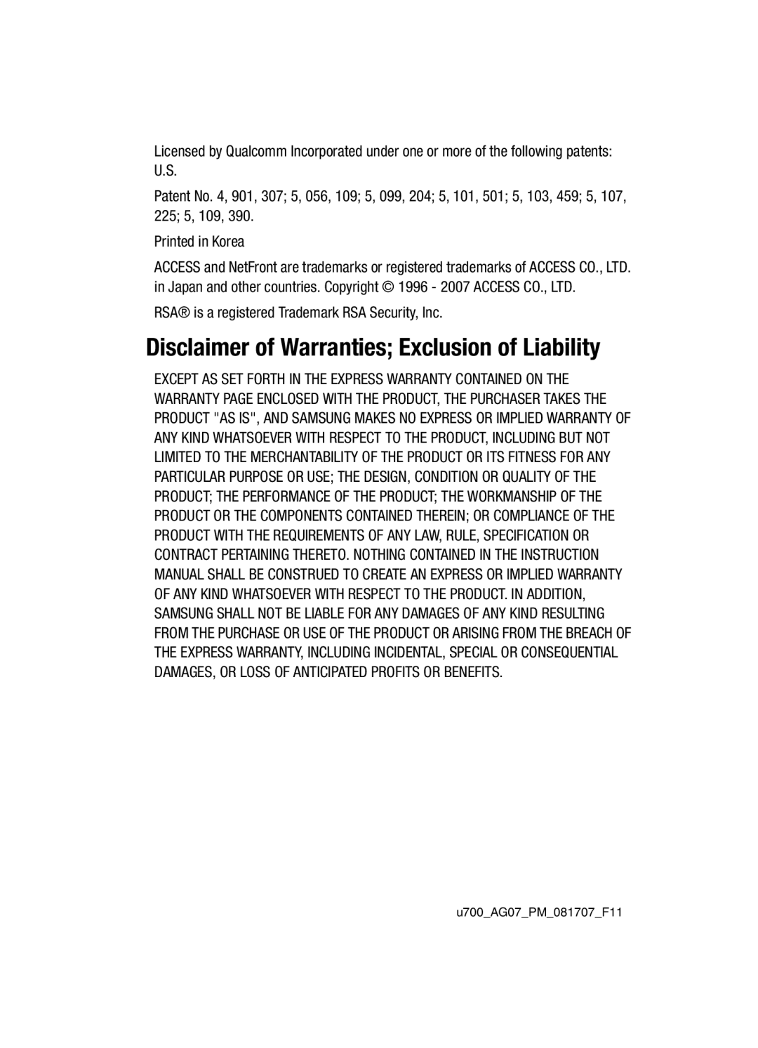 Samsung Gleam user manual Disclaimer of Warranties Exclusion of Liability 