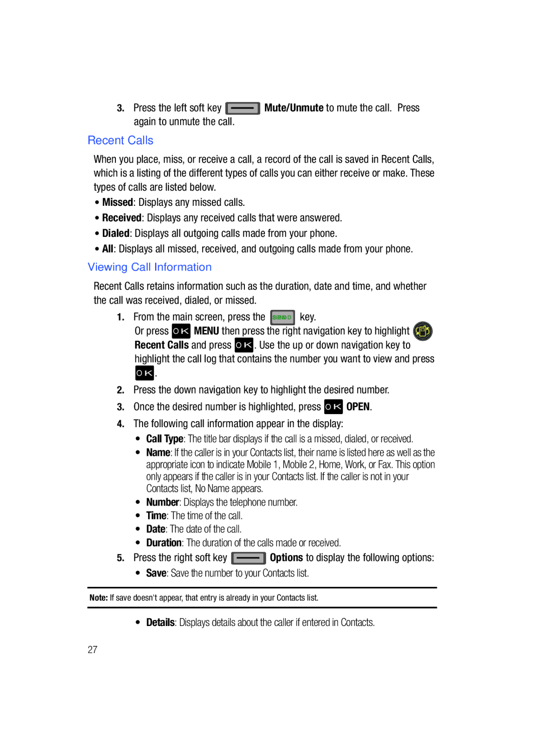 Samsung Gleam user manual Recent Calls, Viewing Call Information 