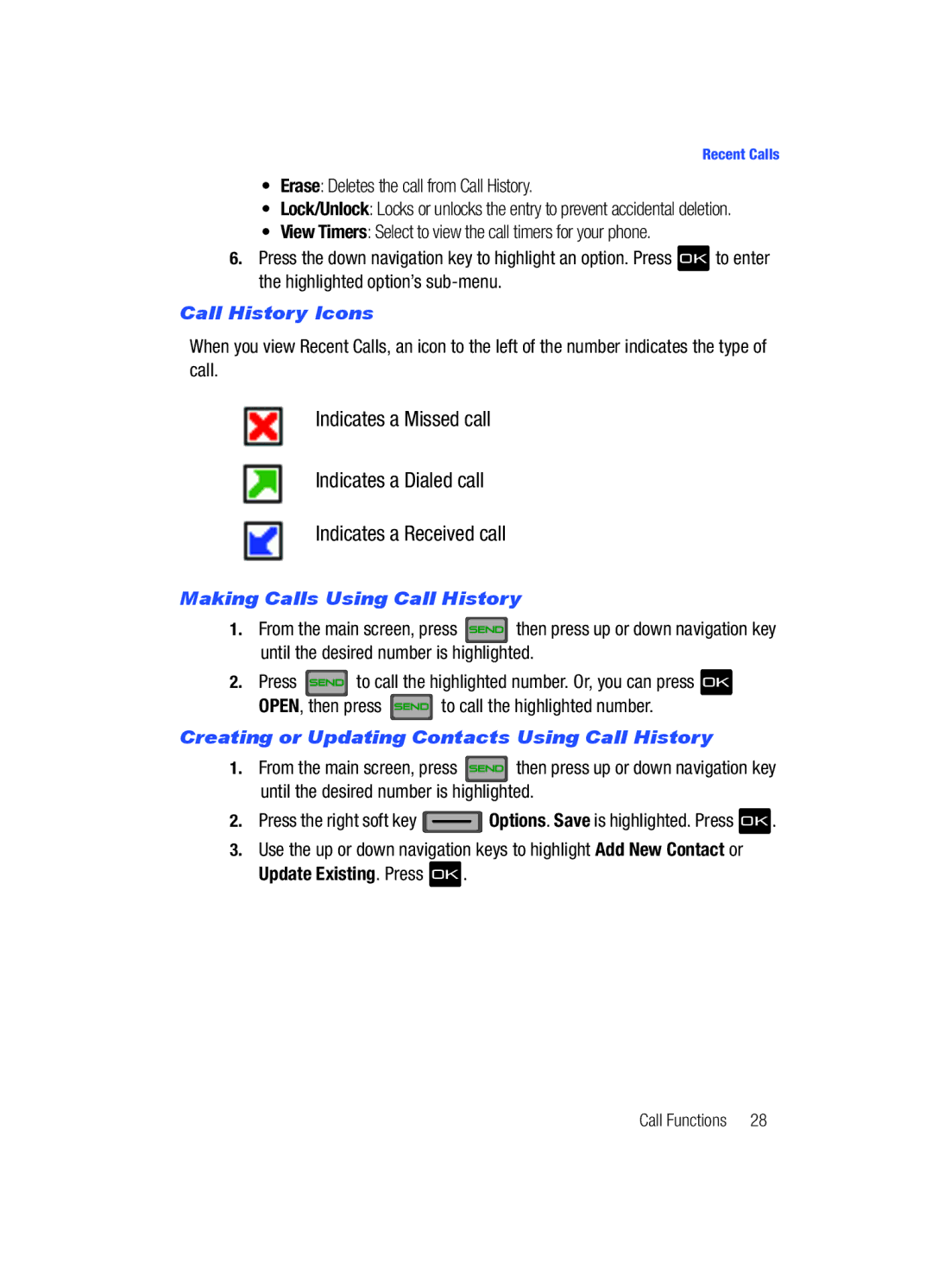 Samsung Gleam Call History Icons, Making Calls Using Call History, Creating or Updating Contacts Using Call History 