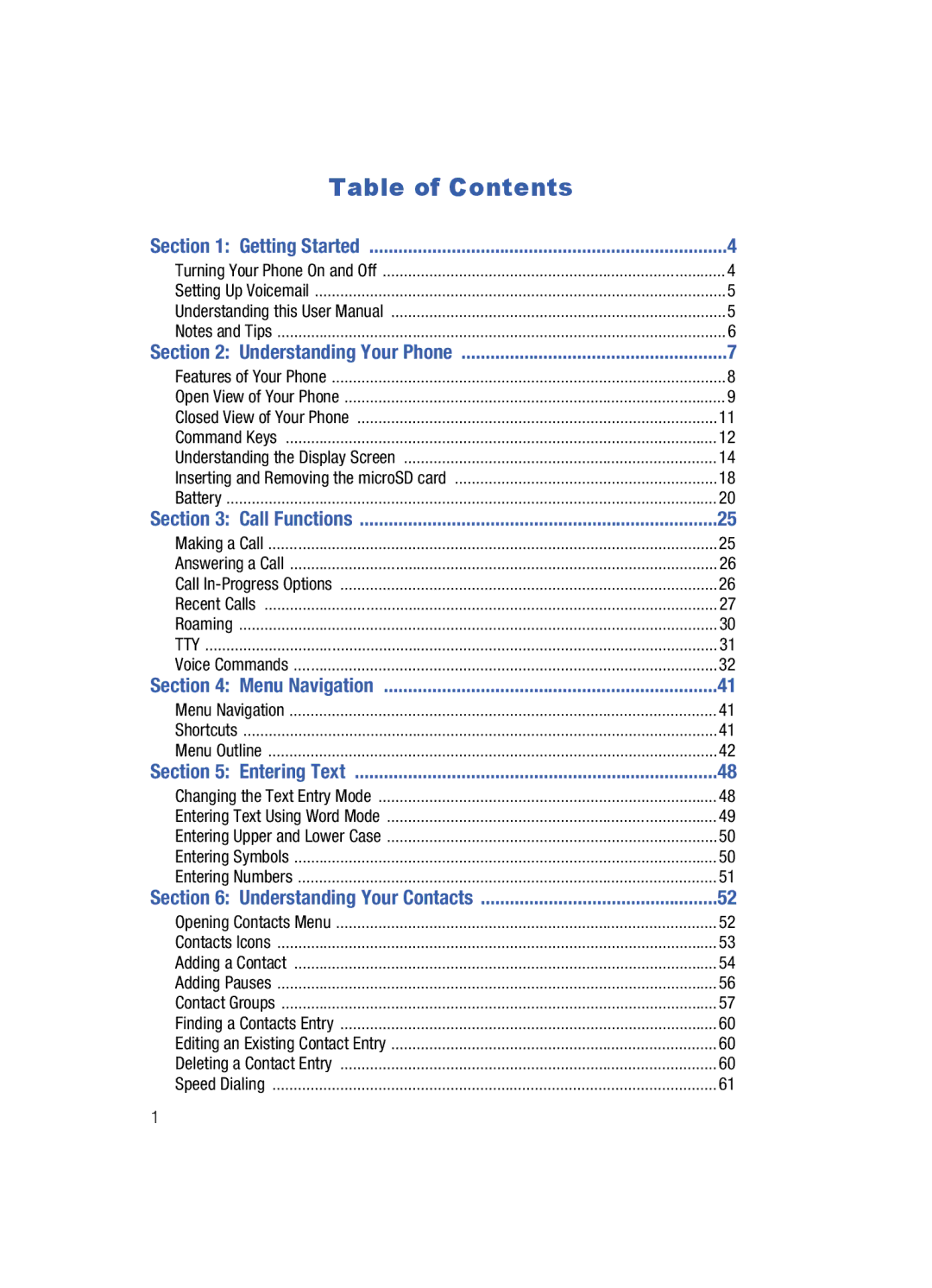 Samsung Gleam user manual Table of Contents 