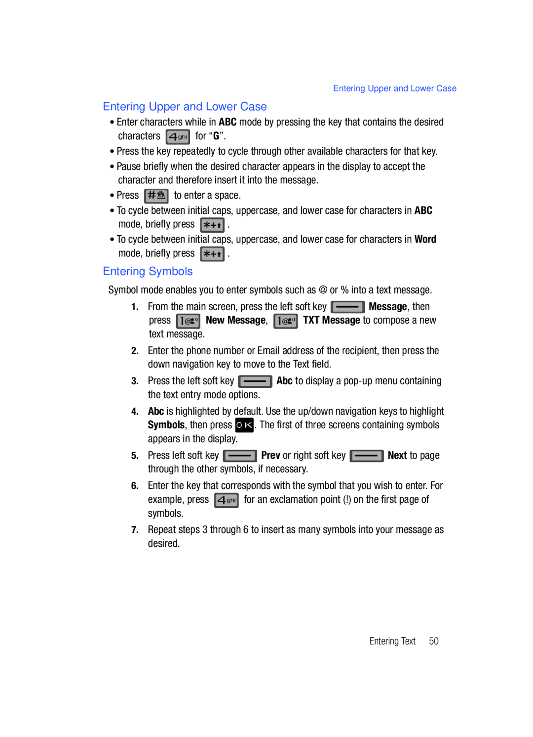 Samsung Gleam user manual Entering Upper and Lower Case, Entering Symbols, Press # 