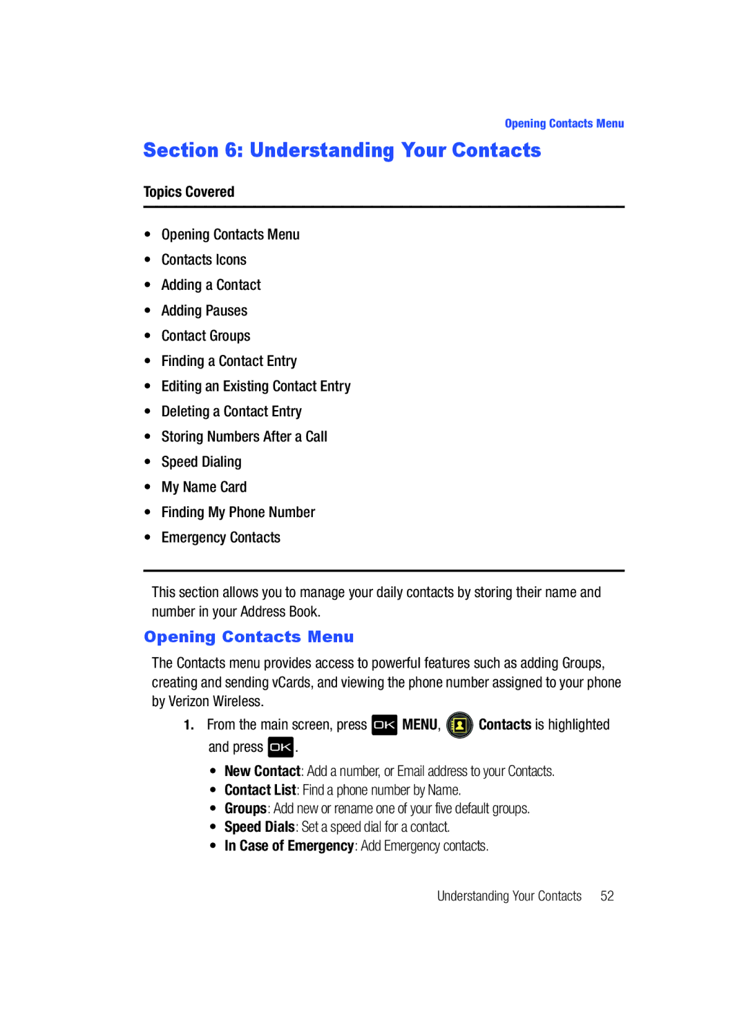 Samsung Gleam user manual Understanding Your Contacts, Opening Contacts Menu 