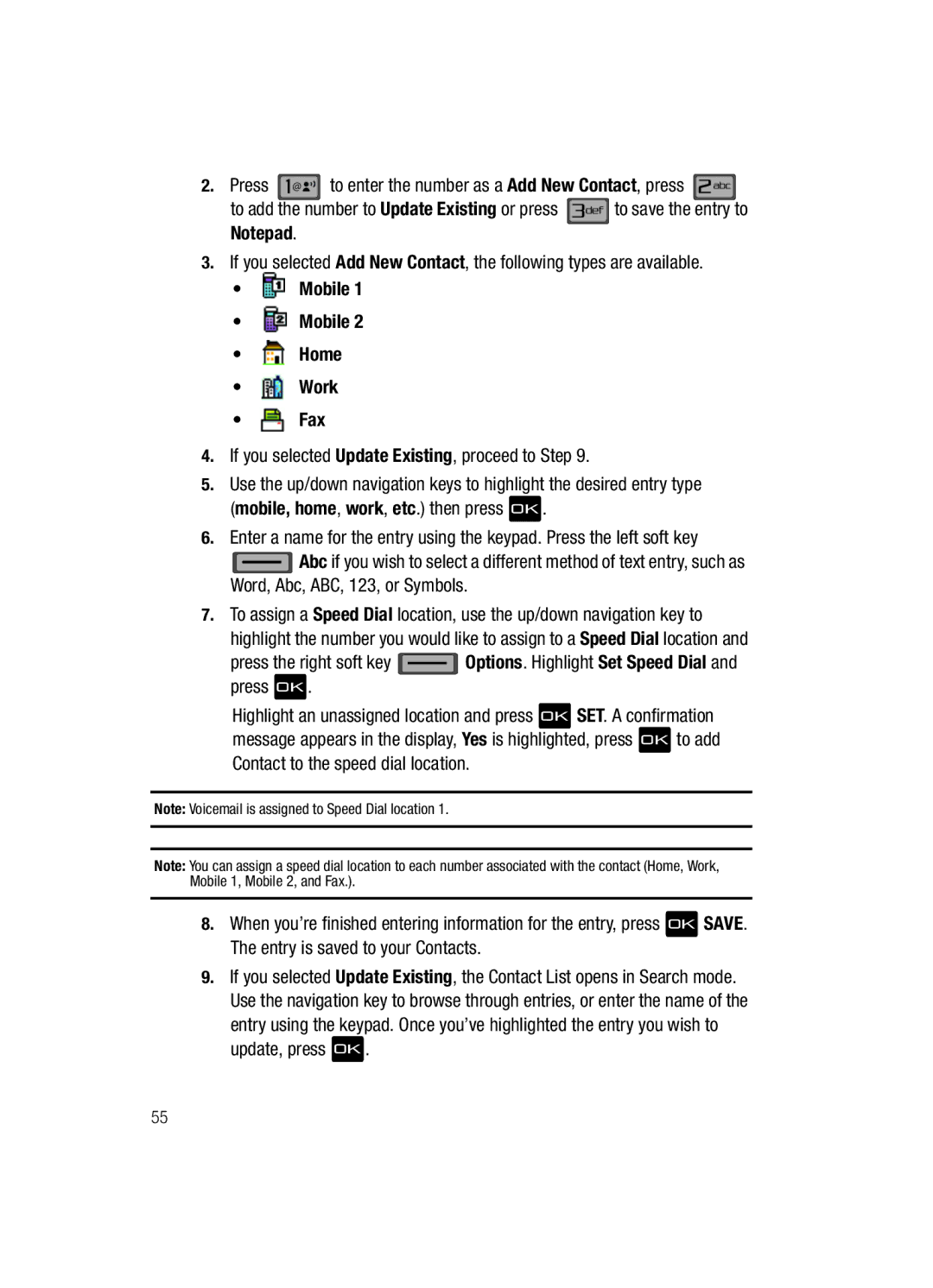 Samsung Gleam user manual Mobile Home Work Fax, If you selected Update Existing, proceed to Step 